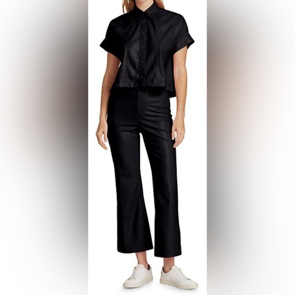 alice + olivia edyth vegan leather top | collared cropped button down | size XS - Picture 13 of 13